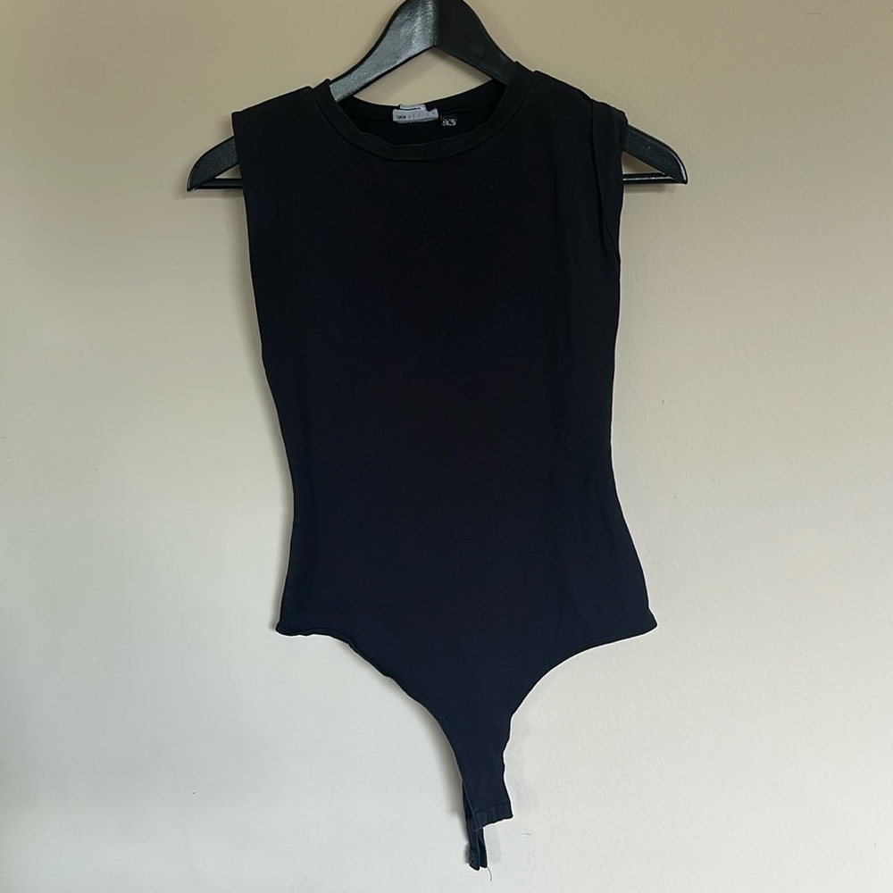 ASOS black tank bodysuit with rolled sleeves, thong back